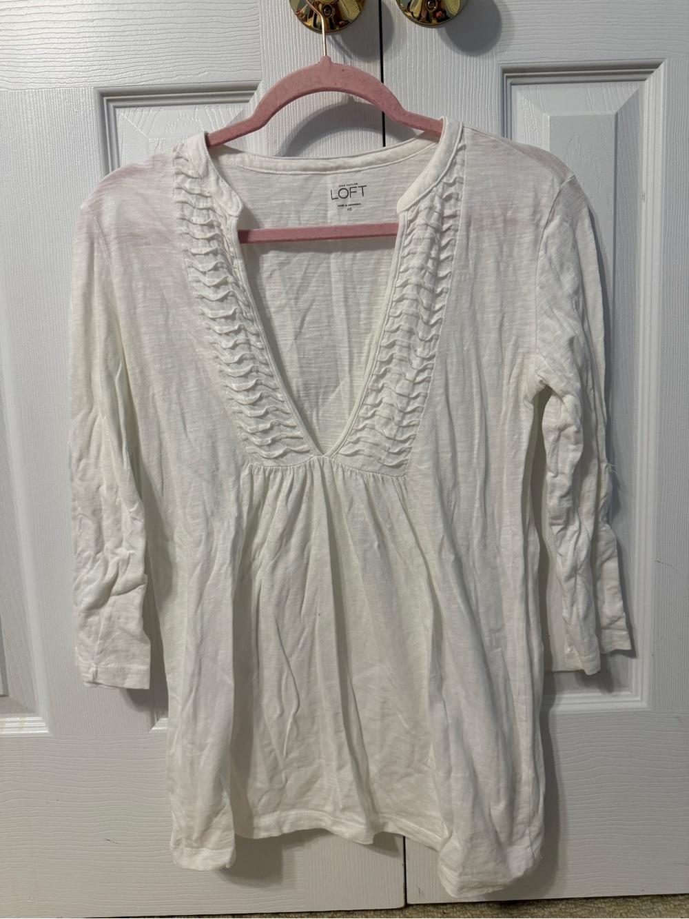 LOFT White V-Neck Pintuck Peasant Blouse